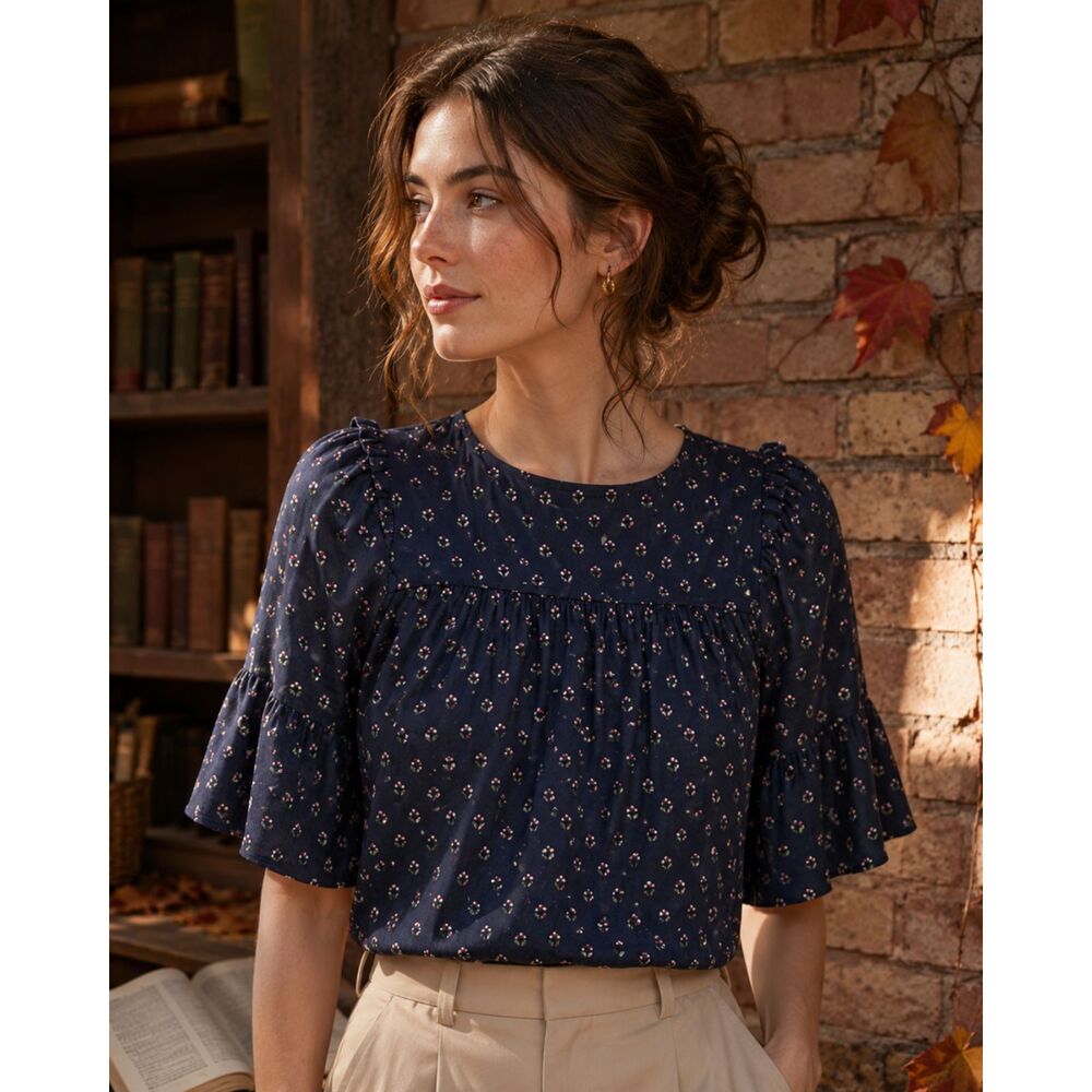 LOFT Navy Ditsy Floral Babydoll Blouse Ruffle Flutter Sleeve Crepe Sz Med